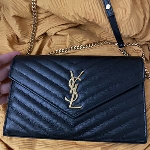Ysl Chevron Monogram Envelope Chain Wallet Black